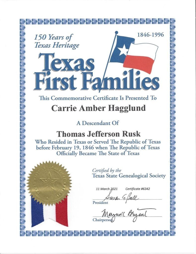 Texas First Families Certificate Carrie Hagglund Texas First Families Certificate